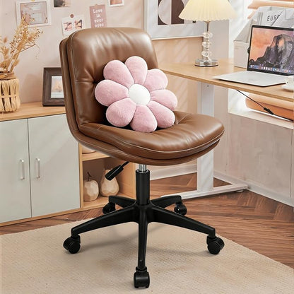 Small Office Desk Chair, PU Leather Armless Swivel Chair with Lumbar Pillow, Height Adjustable Task Chair for Small Spaces, Bedroom & Vanity Brown