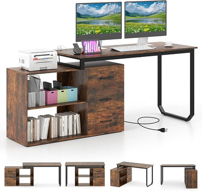 GOFLAME Reversible L Shaped Computer Desk with Charging Station, 55” Home Office Desk with 3 Drawers, 3-Level Adjustable Shelf, Convertible Study Writing Desk for Small Space, Rustic Brown