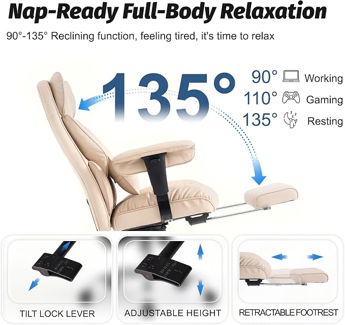Efomao Executive Office Chair 400lbs,Beige Big and Tall Desk Chair | Mattress-grade pocket spring cushion, sleek leather, 135° recline & footrest for computer gaming setup.