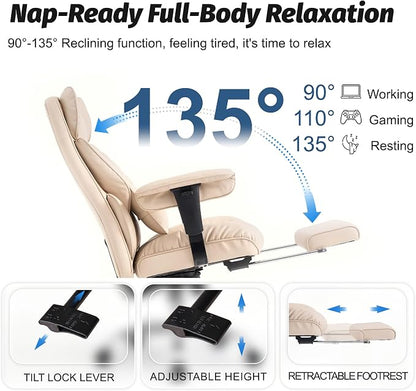 Efomao Executive Office Chair 400lbs,Beige Big and Tall Desk Chair | Mattress-grade pocket spring cushion, sleek leather, 135° recline & footrest for computer gaming setup.
