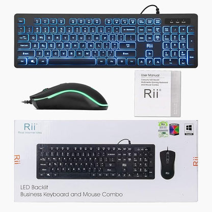 Rii Three Colors Backlit Keyboard and Mouse, Wired Keyboard and Mouse Combo, USB Keyboard and Mouse Set,Quiet Input Gaming Keyboard,Optical RGB Mouse for School,Office,Business and Gaming