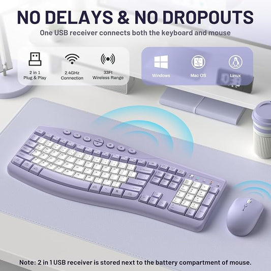 Wireless Keyboard and Mouse Combo,2.4G Full Size Ergonomic Curved Silent Keyboard with Fn Multimedia Keys for Office and Home, 3-DPI Quiet Mouse for Windows,Mac OS Desktop/Laptop/PC (Purple-B)