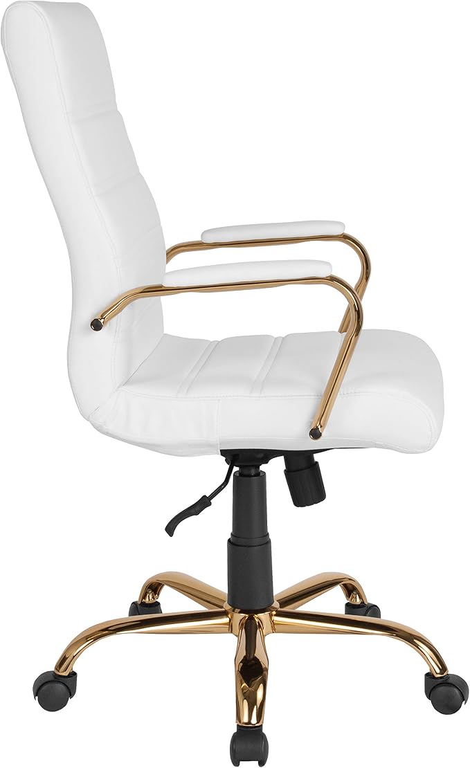 Merrick Lane Milano Contemporary High-Back White Faux Leather Home Office Chair with Padded Gold Arms