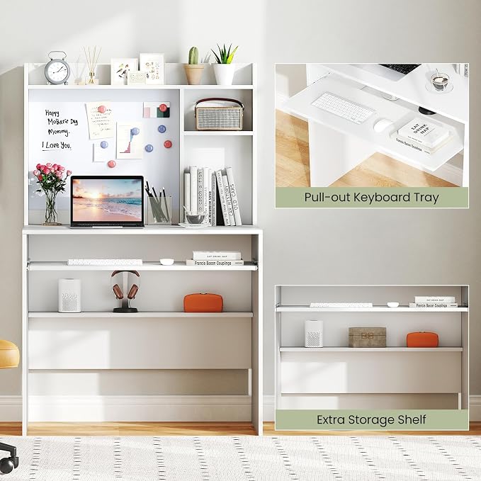 Giantex White Desk with Hutch, Small Computer Workstation with Bookshelf, Magnetic Whiteboard, PC Laptop Desk with Keyboard Tray & Cable Hole, Writing Desk for Small Spaces, Bedroom, Home Office