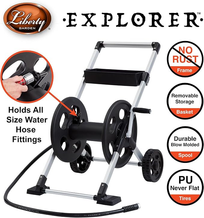 Liberty Garden 304 Explorer Two Wheel Hose Reel Cart, Aluminum, Holds 250-feet of 5/8" Hose, Silver/Black
