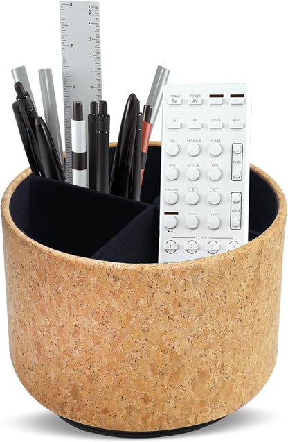 Round Leather Art Supply Organizer,Remote Control Holder,360 Degree Spinning,Multi-Functional Pencil Holder,4 Compartments Desktop Stationary Organizer(1-Soft Yellow)