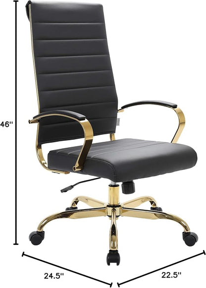 LeisureMod Modern High-Back Leather Office Chair - Swivel & Adjustable Executive Desk Chair with Gold Frame, Ergonomic Design for Home & Office (Black, Set of 8)