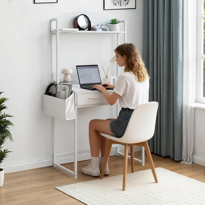 KATHY&BOB Small Home Office Study Desk - Freestanding Arched Design with Fabric Drawers & Side Bag - Modern Vanity Makeup Desk - Open Shelf & Computer Gaming Station (White)