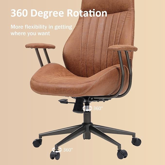 High Back Home Office Chair, Mid Century Vintage Executive Chair,Comfy Ergonomic Rolling Office Task Chair with Lumbar Support,Brown Faux Leather Office Chair,Brown
