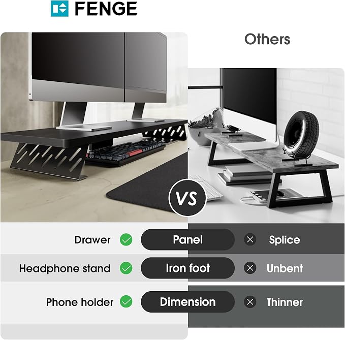 Fenge Dual Monitor Stand Riser, 42.5 Inch Desk Top Shelf for 2 Monitors, Computer Stands for Desk, Wood & Steel Desktop Riser for Laptop, PC, Printer