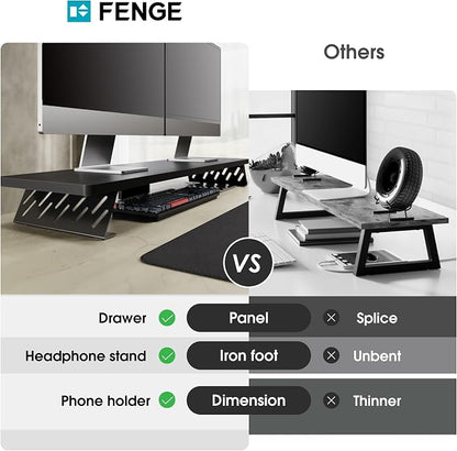 Fenge Dual Monitor Stand Riser, 42.5 Inch Desk Top Shelf for 2 Monitors, Computer Stands for Desk, Wood & Steel Desktop Riser for Laptop, PC, Printer