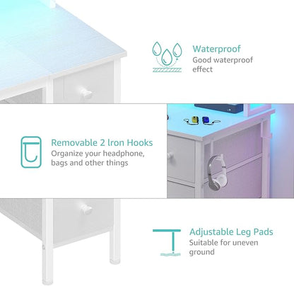 Lufeiya White Gaming Desk with Drawers & Storage Shelves, 47 inch Home Office Desk with Monitor Stand, Computer Desk with LED Lights and Power Outlets, White