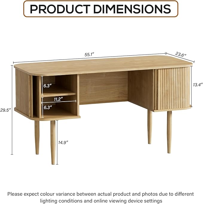 Furniway 55" Modern Writing Desk with Sliding Doors, Wood Home Office Desk with Storage, Computer Desk for Study, Living Room, Dorm, Natural