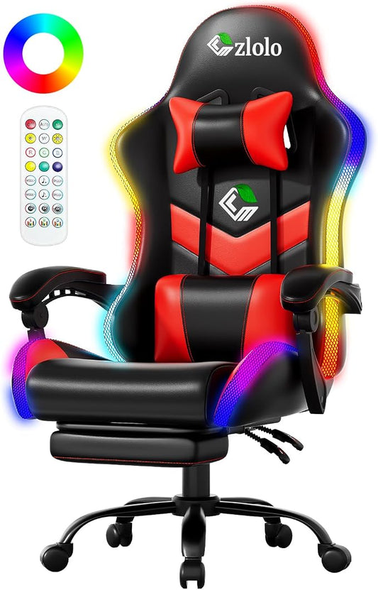Czlolo Gaming Chair, 2026 Upgraded RGB LED Lights Computer Chair with Footrest, Lumbar Support Massager Gamer Chair, High Back, 90-135° Reclining, Linkage Armrests, Red