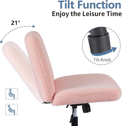 DUMOS Criss Cross Chair No Wheels, Cross Legged Office Desk Armless Vanity Chiar Wide Seat, Height Adjustable Swivel Computer Task Chairs for Home Bedroom, Pink Teddy