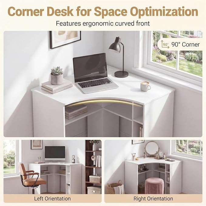 Giantex White Corner Desk, Triangle Computer Desk with Charging Station, Open Storage Shelves and Curved Edge, Space Saving Writing & Makeup Vanity Desk for Small Spaces, Home Office, Bedroom
