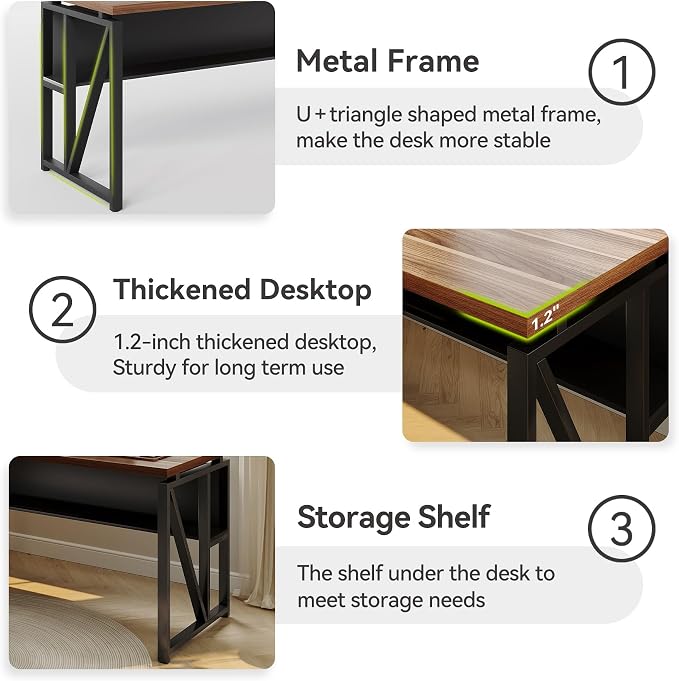 LITTLE TREE 55-Inch Executive Office Desk, Large Computer Desk with Storage Shelf, Executive Desk with Metal Frame, Thickened Desktop, Study Writing Desk Work Station for Home Office, Walnut Black