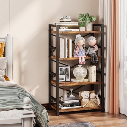 Homeiju Bookshelf, 4 Tier Small Bookcase, Organizers and Storage, Metal Small Bookcase, Rustic Book Shelf Organization and Storage for Living Room, Bedroom, and Home Office(Rustic Brown)