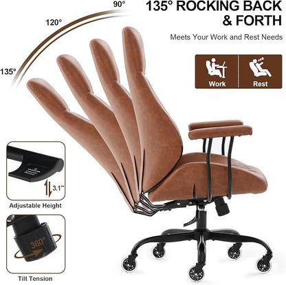 E-Motie Office Chair with Rubber Wheels, Ergonomic Computer Chair 500 lbs, Leather Desk Chair with Lumbar Support, Executive Chair Adjustable Height & Recline, Brown | Ergonomic, Lumbar Support, 360° Swivel & Rolling Wheels, Adjustable Height, for Adul...
