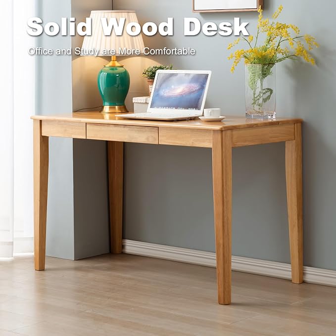 Solid Wood Desk with Drawer, Wooden Home Office Desk for Work, Student Computer Desk for Small Spaces, Gaming Study PC Desk for Bedroom, Easy to Assemble (Teak Color 47 inch)
