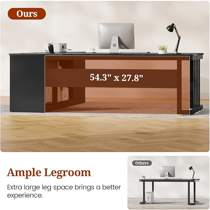 UPOSOJA 71" Executive Desk, Large Office Desk with Drawers & Storage Shelves, Modern L Shaped Computer Desk Corner Desk with Power Outlets, File Cabinet, Business Furniture Desk Workstation (Black)
