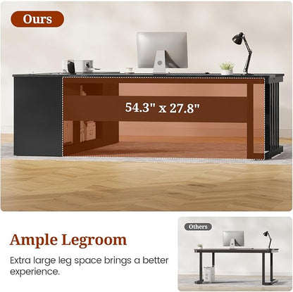UPOSOJA 71" Executive Desk, Large Office Desk with Drawers & Storage Shelves, Modern L Shaped Computer Desk Corner Desk with Power Outlets, File Cabinet, Business Furniture Desk Workstation (Black)