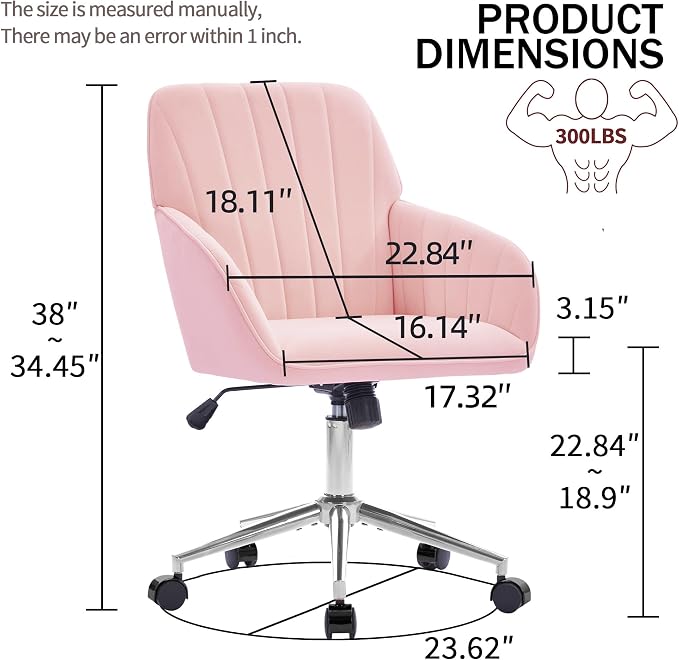 Velvet Home Office Desk Chair, Modern Cute Computer Task Chair with Back, Height Adjustable Upholstered Vanity Chair with Swivel Wheels for Women, Girls (Silver Base, Pink