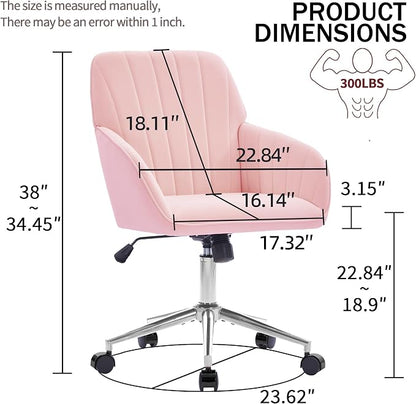 Velvet Home Office Desk Chair, Modern Cute Computer Task Chair with Back, Height Adjustable Upholstered Vanity Chair with Swivel Wheels for Women, Girls (Silver Base, Pink