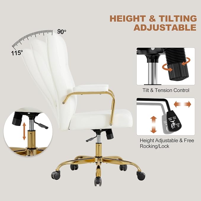 White and Gold Office Desk Chair,Leather Conference Room Chairs with Wheels,Modern High Back Executive Office Chair with Memory Foam,Ergonomic Swivel Computer Chair for Home Office
