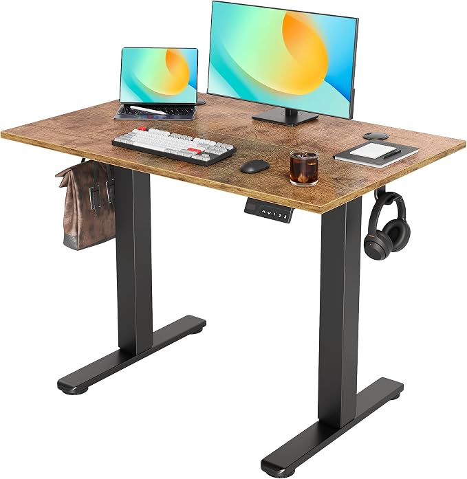 YDN Electric Standing Desk Adjustable Height, 40 x 24 Inches Sit Stand up Desk with Memory Presets & Cable Management, Home Office Desk for Office & Computer Workstation, Black Frame/Rustic Brown Top