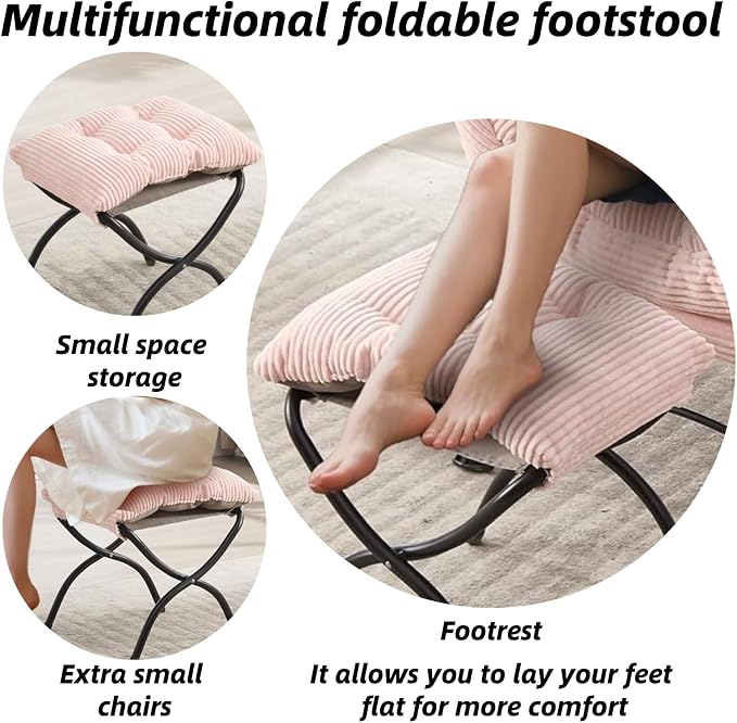 Modern Lazy Chair with Ergonomic Ottoman, Comfortable Lounge Chair with Footrest for Space Saving, Comfy Reading Armchair for Living Room, Bedroom, Office, Pink