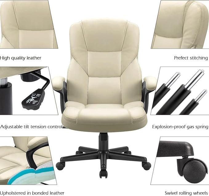 Furmax Office Executive Chair High Back Adjustable Managerial Home Desk Chair, Swivel Computer PU Leather Chair with Lumbar Support (1, Khaki)