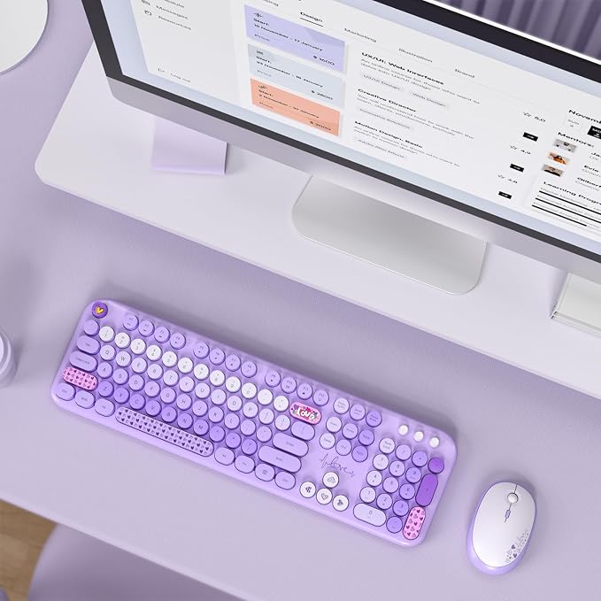 Dilter Wireless Keyboard and Mouse Combo, Full Size Retro Keyboard with Number Pad and 2 in 1 USB Connected Mouse for Windows 7/8/10, Laptop, Desktop, PC, Computer (Purple Colorful)