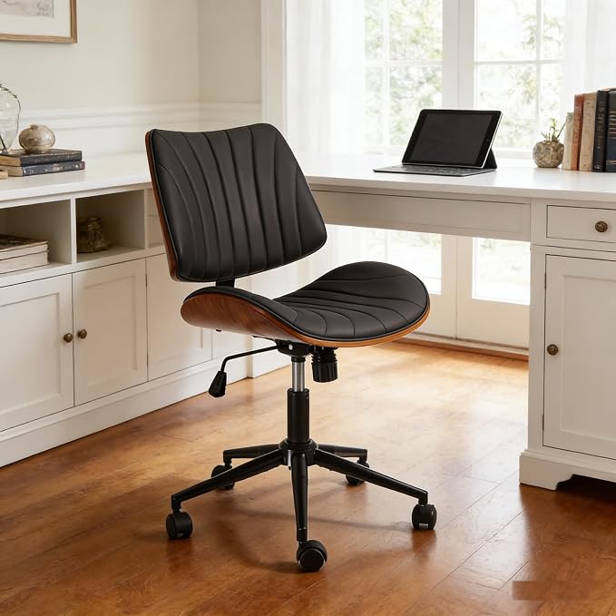 EROMMY Armless Office Desk Chair,Wooden Back Small Office Desk Chair No Arms Adjustable Height Modern Armless Chairs with Swivel Wheels for Small Spaces, Black