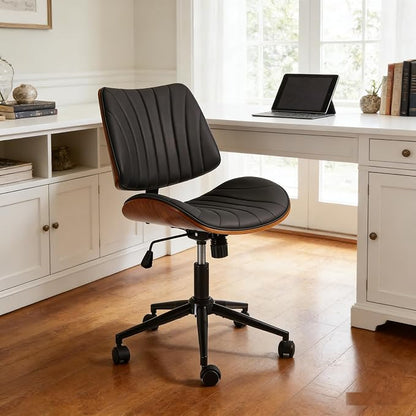 EROMMY Armless Office Desk Chair,Wooden Back Small Office Desk Chair No Arms Adjustable Height Modern Armless Chairs with Swivel Wheels for Small Spaces, Black