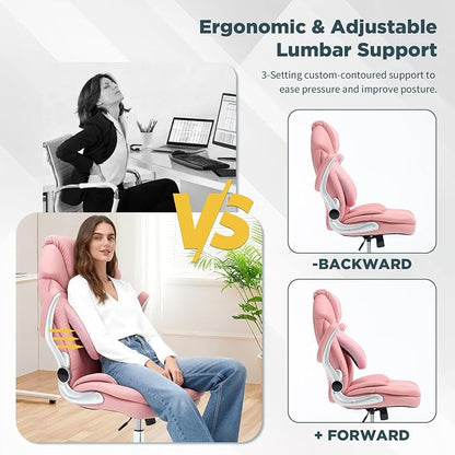Ergonomic Executive Office Chairs with Adjustable Lumbar Support, 90-120° Rocking Managerial Chair Swivel Desk Chairs with Padded Flip-up Armrests (Pink), Medium(300lbs)