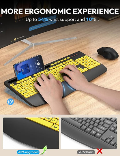 SABLUTE Wireless Keyboard and Mouse, Wrist Rest, Large Print, Phone Holder, 2.4G Ergonomic Keyboards Mouse Combo, KM23D Silent High Contrast Set for Low Vision and the Elderly, Battery Powered