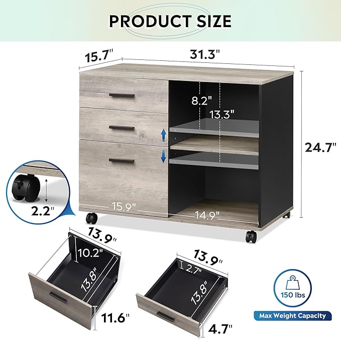 DEVAISE 3 Drawer Mobile File Cabinet, Wood Lateral Filing Cabinet, Printer Stand with Open Shelves for Home Office, Greige