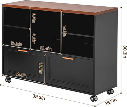 40" Lateral File Cabinet,Farmhouse Wood Small Home Office Storage with Wheels,Filing Cabinet with 2 Drawers for Legal/Letter/ A4 Size