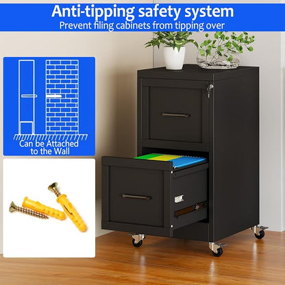 Small Metal 2-Drawer File Cabinet, Under Desk Office Cabinet, Black | Rolling, Locking, Adjustable Hanging Rail, Fit A4, FC, Letter, Hanging File Folders for Home Office Storage Organization, 1PS