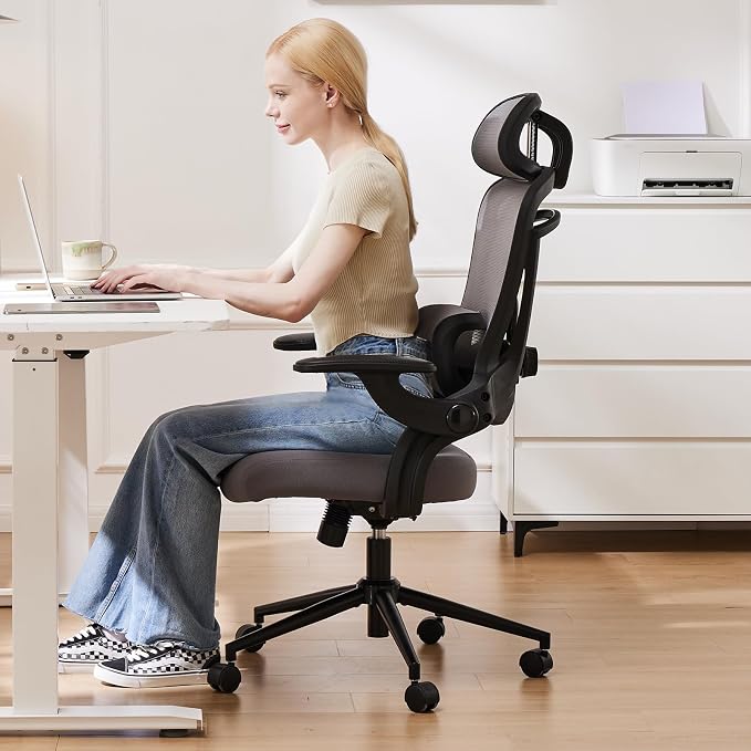 Sweetcrispy Office Ergonomic Desk Chair, 300 LBS Home Mesh Chairs with Wheels, 2D Headrest, Up&Down Lumbar Support, Swivel High Tall Back Computer with Flip-up Armrests, Dark Grey