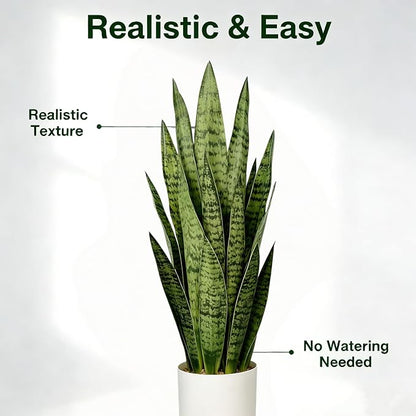 27" Artificial Snake Plant in White Pot, Realistic Faux Potted Plant for Home Office Decor, Low Maintenance Lifelike Silk Plant, Pet-Friendly Indoor Outdoor, No Watering Needed