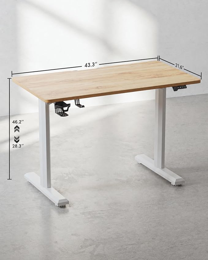 FEZIBO Standing Desk, 44 × 22 Inches Electric Height Adjustable, Sit and Stand Up, Computer Office Desk with Splice Board, White Frame/Light Rustic Top