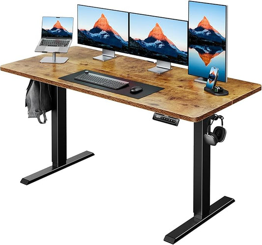 HUANUO Electric Standing Desk,53" x 28" Height Adjustable Desk, 4 Memory Height Settings, Sit to Stand Up Desk for Home Office, with Headphone Hook, Cable Manager, Brown