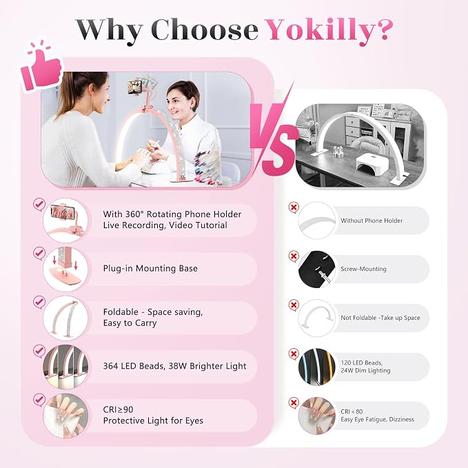 Yokilly Half Moon Light for Nail Desk: 29" Foldable Half Moon Nail Desk Lamp with Phone Holder for Beginner - Arch Tech Light with 3 Color Modes & 10 Brightness for Manicure Salon (Pink Diamond)