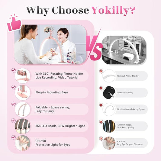 Yokilly Half Moon Light for Nail Desk: 29" Foldable Half Moon Nail Desk Lamp with Phone Holder for Beginner - Arch Tech Light with 3 Color Modes & 10 Brightness for Manicure Salon (Pink Diamond)