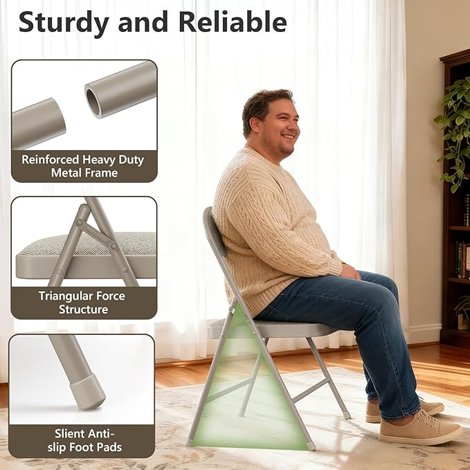 8 Pack Folding Chairs, Fabric Padded Folding Dining Chairs with Cushion Seat & Back, Indoor Outdoor Folding Chair Set for Home Office, Parties, Events, Wedding, Extra Guest Seating