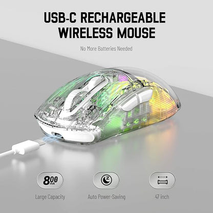 Wireless Gaming Mouse PC Transparent Shell Computer Mice with Dual mode BT5.0/2.4G,PixArt Chip 3D RGB Lighting,Ergonomic 7 Buttons,Rechargeable Mute Mouse for PC Laptop Tablet PS4 PS5 Xbox one