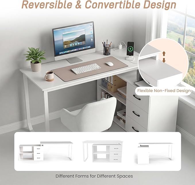 GOFLAME Reversible L Shaped Computer Desk with Charging Station, 55” Home Office Desk with 3 Drawers, 3-Level Adjustable Shelf, Convertible Study Writing Desk for Small Space, White