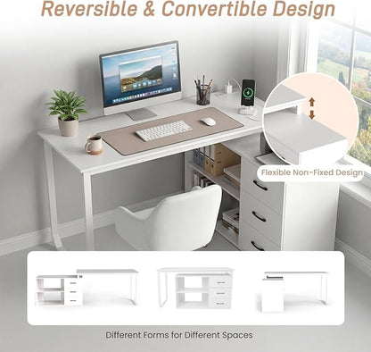 GOFLAME Reversible L Shaped Computer Desk with Charging Station, 55” Home Office Desk with 3 Drawers, 3-Level Adjustable Shelf, Convertible Study Writing Desk for Small Space, White